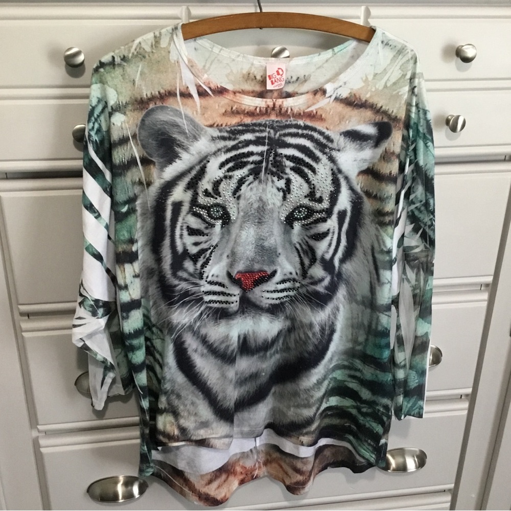 WHITE TIGER Big Bang Clothing Made in USA Bling Dolman Sleeve Top Size XL